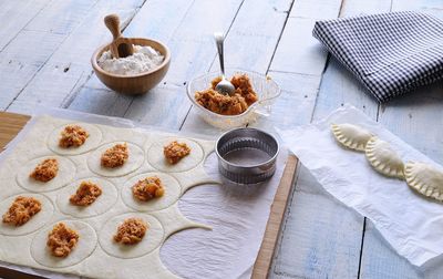 High angle view of breakfast on table