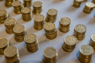 High angle view of coins