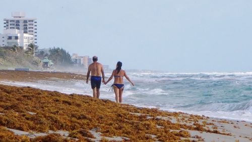 Rear view of couple walking at beach against clear sky