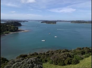 High angle view of bay against sky