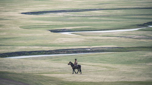 High angle view of people walking on land