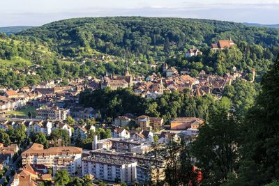 High angle view of houses in town