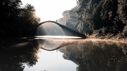 Man walking on arch bridge over river in forest against clear sky