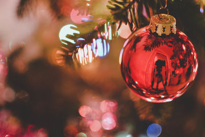 Close-up of christmas decorations hanging on tree