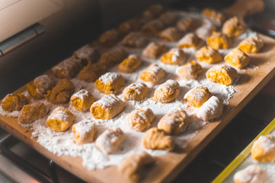 High angle view of gnocchi on table