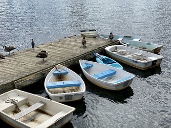 High angle view of boats moored at lake