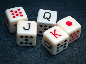 Close-up of dices on table