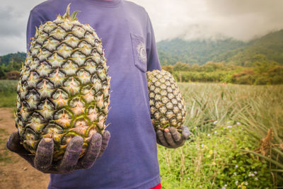 Close-up of man holding fruit on field