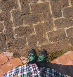 Low section of man standing on cobblestone footpath