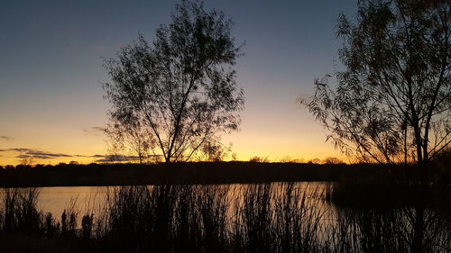 Silhouette trees by lake against sky during sunset