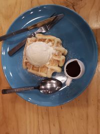 High angle view of breakfast served on table