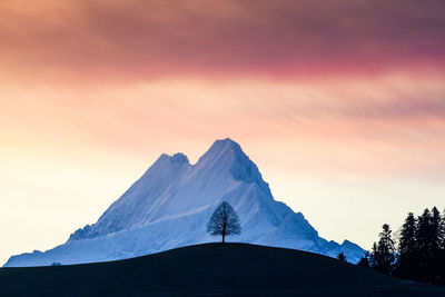 Scenic view of snowcapped mountains against sky during sunset
