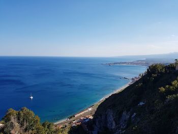 Scenic view of sea against clear blue sky