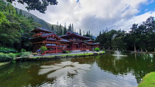 Scenic view of lake by mountain against sky