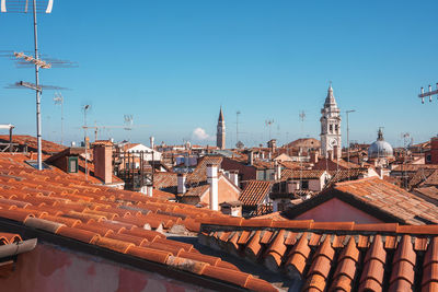 Cityscape against clear blue sky