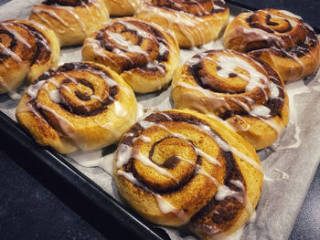 High angle view of cinnamon rolls 