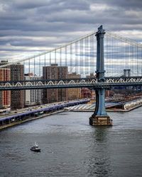 Bridge over river with city in background