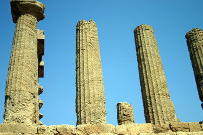 Low angle view of old ruin columns against clear blue sky