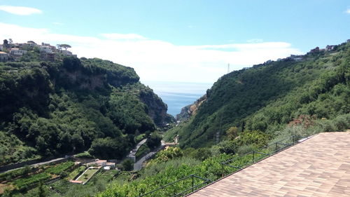 Scenic view of sea and mountains against sky