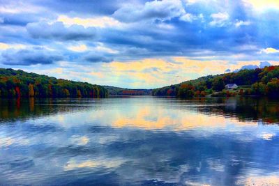 Scenic view of lake against cloudy sky