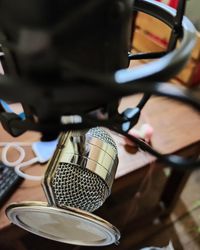 High angle view of camera on table