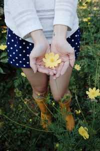 Woman holding flowers blooming in field