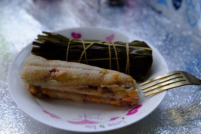 Close-up of fresh zongzi served in plate