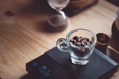 High angle view of coffee cup on table