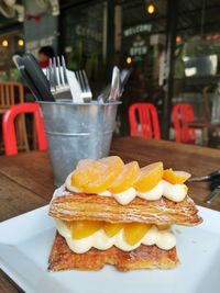 Close-up of dessert on table at restaurant