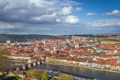 View of historical center of wurzburg from marienberg fortress, germany