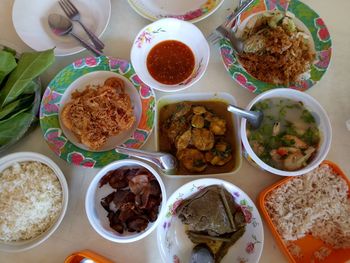 High angle view of meal served on table