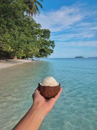 Person holding ice cream over sea against sky