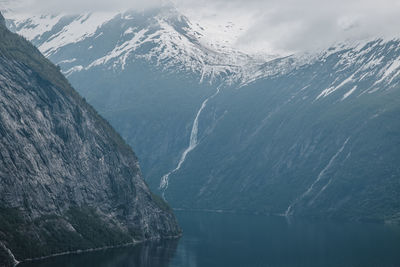 Scenic view of snowcapped mountains by lake