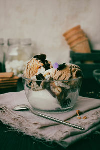 Close-up of ice cream on table