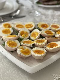 High angle view of breakfast served on table