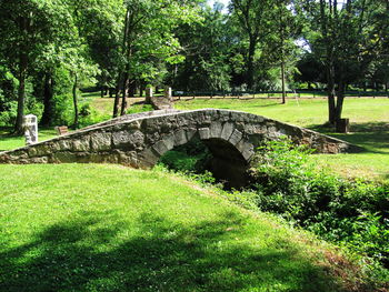 Scenic view of bridge over grass by trees