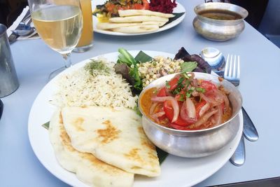 High angle view of meal served on table