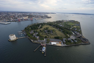 Aerial view of governors island national monument in bay