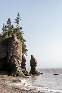 Rock formation in sea against clear sky