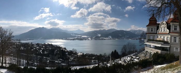 Panoramic view of church against sky during winter