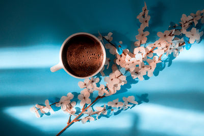 Directly above shot of coffee with with cherry blossom over colored background
