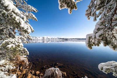 Scenic view of lake against sky during winter