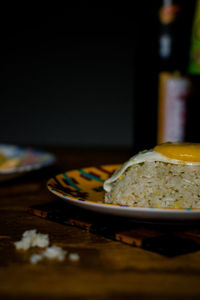 Close-up of cake served on table