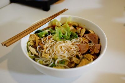 Close-up of soup in bowl on table