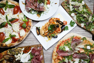 High angle view of food served on table