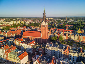 High angle view of buildings in city, aerial view of the old town in elblag, poland