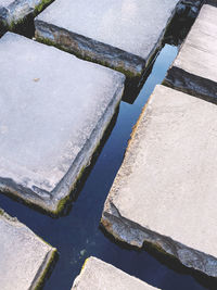 High angle view of stones by lake