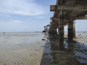 Pier on sea shore against sky