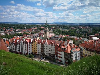 High angle view of townscape against sky