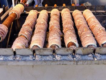 High angle view of meat on barbecue grill